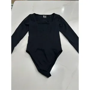NEW Black Ribbed 1 Piece Square Neck Long Sleeve Bodysuits S thumbnail 3