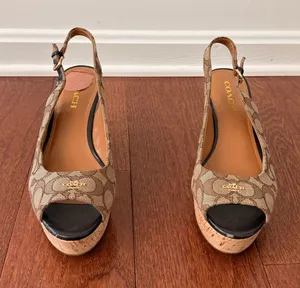 Coach Tan Signature Canvas Peep-Toe Slingback Heels with Black Toe thumbnail 1