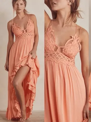 Free People One Women’s Adella Maxi Slip Dress Crochet Lace in Orange M thumbnail 2