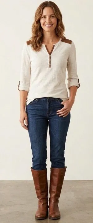 Ralph Lauren Cream Henley Top with Brown Shoulder Accents thumbnail 1