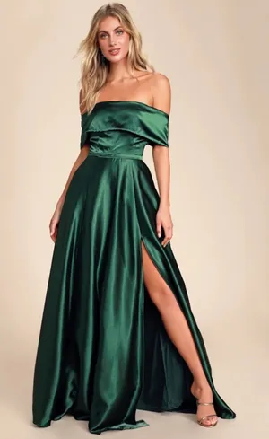 NWT Lulus Greatest Hits Forest Green Satin Off-the-Shoulder Maxi Dress Size M thumbnail 1