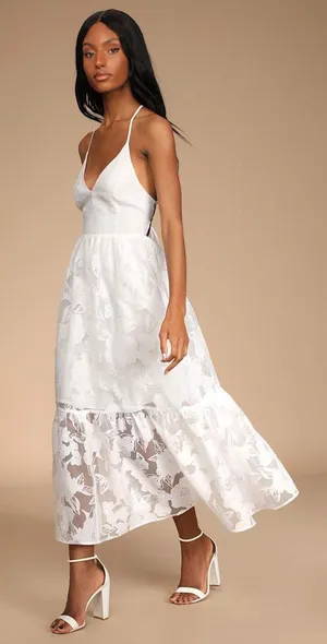 NWT Lulus Feeling Like Forever White Jacquard Organza Lace-Up Midi Dress Size M thumbnail 1