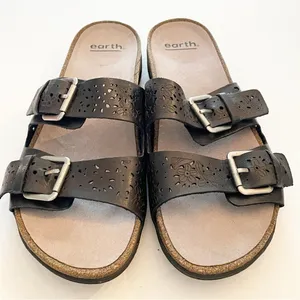 Earth Size 10 Black Sand‎ Antigua Perforated Buckle Slide Sandal Shoes thumbnail 2