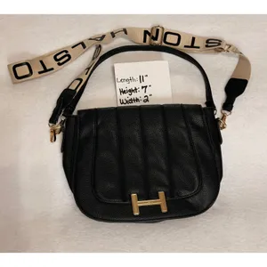 Halston Black Pebbled Faux Leather Crossbody Shoulder Bag Logo Strap Gold Tone thumbnail 4