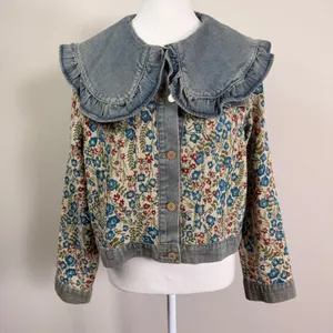 Floral Tapestry Denim Jacket Oversized Ruffle Peter Pan Collar Woven Medium thumbnail 2