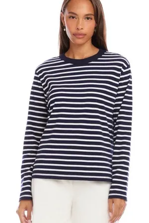 Karen Kane blue/white stripe jersey knit long sleeve top. Size Small. NWT. thumbnail 1
