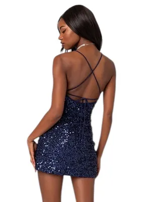NEW Edikted Kiara Strappy Sequin Mini Dress Party Navy Blue Purple formal thumbnail 2