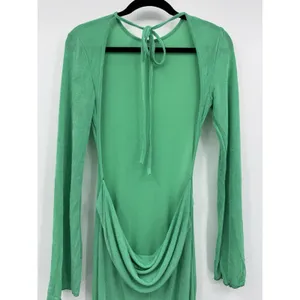 Dramatic Cowl-Neck Draped Back Maxi Dress Medium Green Long Sleeve Formal Sexy thumbnail 7