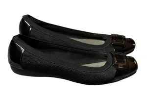 Anne Klein Sport 10M Black Fabric Patent Cap Toe Buckle Low Wedge Ballet Flat thumbnail 1