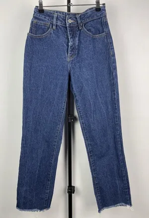 John Galt Medium Blue Wash Button Fly Straight Leg Raw Hem Jeans Size S‎ thumbnail 1
