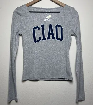 NEW Aeropostale Women Cotton Coquette Top‎ Medium Gray Ciao Pointelle Rib Bow thumbnail 1