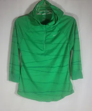 Nike DriFit Women's 1/4 Zip Running Hoodie Green Striped Pullover Hooded Shirt M thumbnail 1