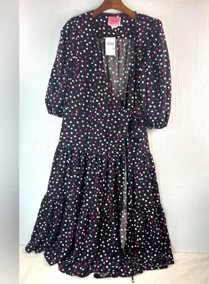 Kate Spade L Drop Waist Wrap Black and Pink Polka Dot Dress thumbnail 14