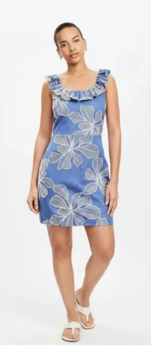 Loft Blue w/ Creme Floral Embroidered Ruffle Neckline Mini Dress - Size 10 thumbnail 1