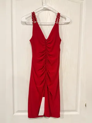 NWT Vintage Bodycon Cache Red V-Neck Midi Dress with Braided Straps thumbnail 4