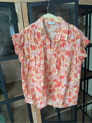 Fate smocked cotton floral blouse top ditsy short sleeve button down collar mock thumbnail 2