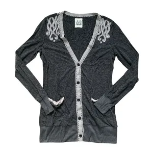 Miss Me Dark Gray Button Front Jewel Cardigan L thumbnail 1