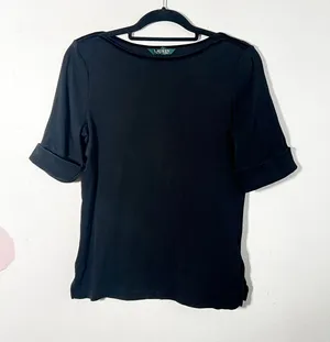 Lauren Ralph Lauren‎ Black Boat Neck Top Women's Large Velvet Trim Luxury thumbnail 1