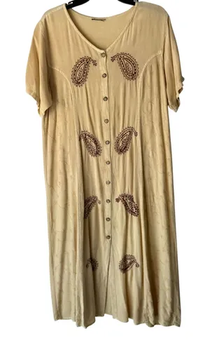 Vintage‎ Embroidered Paisley Button Front Dress Tan Beige Boho Midi L thumbnail 1