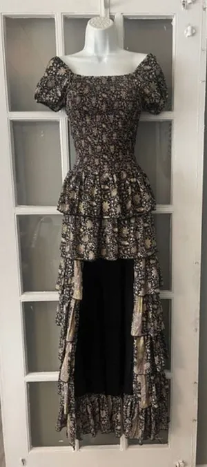 Muche et Muchette Black Gold Floral Smocked High-Low Tiered Ruffle Maxi Dress‎ thumbnail 1