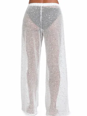 Jordan Taylor White Wide-Leg Mesh Pants Cover Up with Iridescent Sequence Sz S thumbnail 7