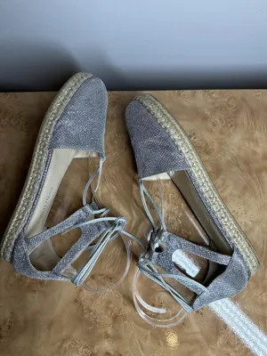 Stuart Weitzman Silver Metallic Lace-Up Espadrille Flats Size 8.5M thumbnail 6