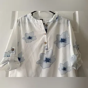 Floral Button-Up Blouse - White and Blue thumbnail 2