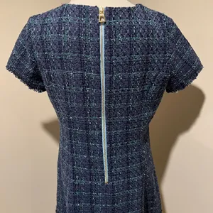 Sail to Sable Tweed Short Sleeve Shift Dress Tiered Hem Navy Blue/Green Size 6 thumbnail 6
