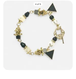 Handmade Black & Gold Tone Pearl Bead Geometric Triangle Charm Bracelet Earring Set Set thumbnail 2