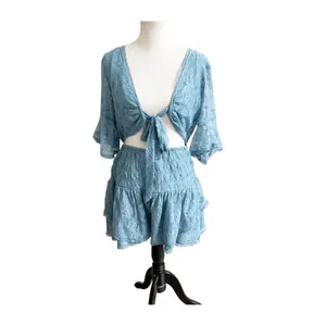 Free People Mini Dress XL Lala Lace V-Neck Flutter Sleeve Coquette Baby Denim thumbnail 2