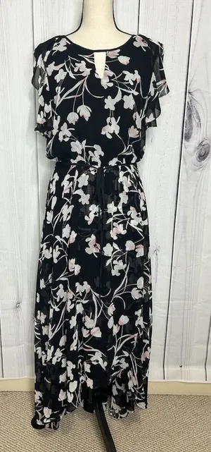 White House | Black Market Sz 8 Chiffon Black Garden Floral Elastic Waist Midi Dress Keyhole Neckline thumbnail 1