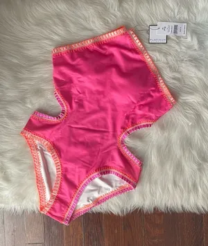 Pilyq Pink Crochet Trim High Neck One Piece Swimsuit NWT thumbnail 1