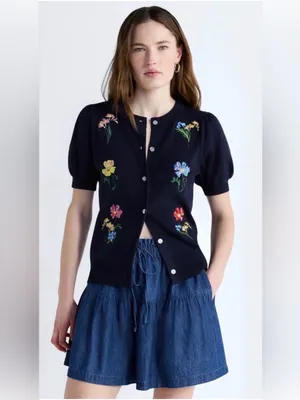 Navy Floral Embroidered Short-Sleeve Cardigan thumbnail 2
