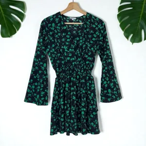 ASOS Subdued Emerald Leaf Floral Print Ruffle Tiered Flare Sleeve Dress thumbnail 4