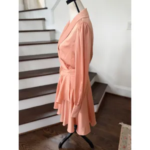 Mac Duggal Warm Pink Satin Blouson Sleeve Ruffle Midi Wrap Cocktail Party Dress thumbnail 3