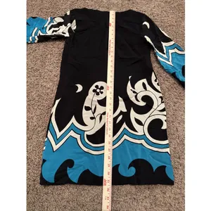 Vintage Y2K Tibi Silk Dress 4 Teal Blue & Black Scarf Pattern Baby Doll Dress thumbnail 7