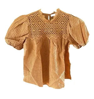 Woven Lace Yoke Puff-Sleeve Top - Tan thumbnail 1