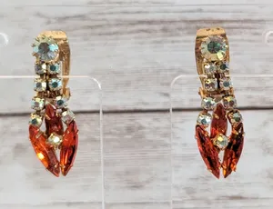 Vintage Clip On Earrings - Unusual Statement Orange & Iridescent Gems thumbnail 1