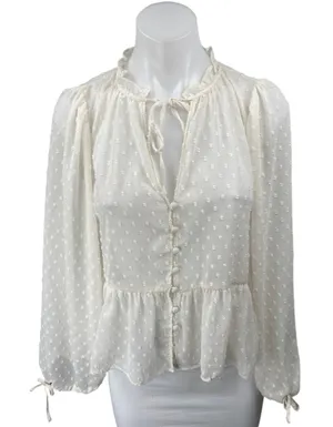 Zara White Long Sleeve Swiss Dot Button Down Ruffle Peplum Blouse Top Size XS thumbnail 1