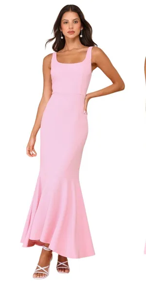 Lulus Romantic Destiny Light Pink Square Neck Trumpet Maxi Dress size Small NWT thumbnail 1