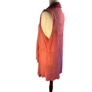 Coral Lace Crochet Long Vest Open Front Draped boho sleeveless thumbnail 2