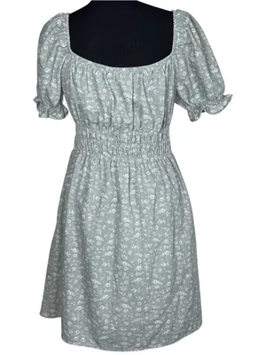 Iris Sage Green Floral Linen Blend Mini Dress L Puff Sleeve Cinched Waist Cottagecore thumbnail 2