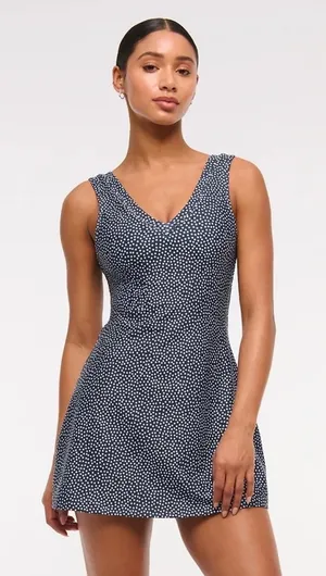 NWOT Abercrombie YPB Sculpt Lux Mini tennis workout Dress Sz L Navy blue with white polka dots #y2k thumbnail 1