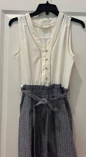 Altar'd State white and grey pinstripe romper thumbnail 1