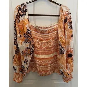 Cato‎ Orange Floral Smocked Crop Balloon Sleeve Top Boho Festival Womens 18/20 thumbnail 5