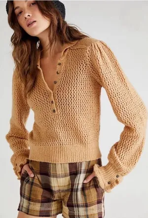 Free People Care FP Snowdrift Pullover Sweater in Camel Heather thumbnail 1