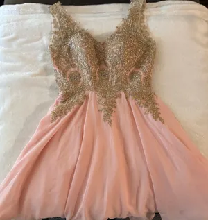 May Queen Couture Pink Chiffon Homecoming Dress with Gold Beaded Bodice Size 10 thumbnail 3