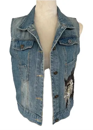 Paisley Vine Denim Vest L Lace And Flower Appliqué Whimsy Fairy Boho Western thumbnail 1