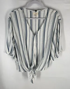 Cupio Blush Blue White Striped Tie Front Flutter Sleeve Blouse M thumbnail 1