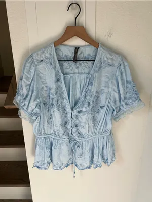 By Anthropologie Embroidered V-Neck Peplum Blouse Top in Nantucket Breeze Blue thumbnail 4